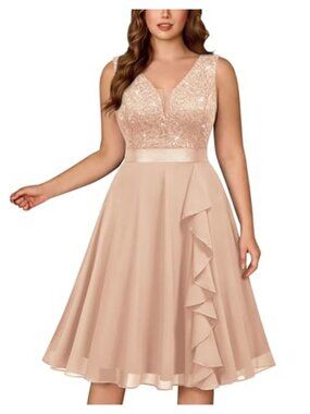 Plus Size Sequin Lace V-Neck A-Line Cocktail Dress